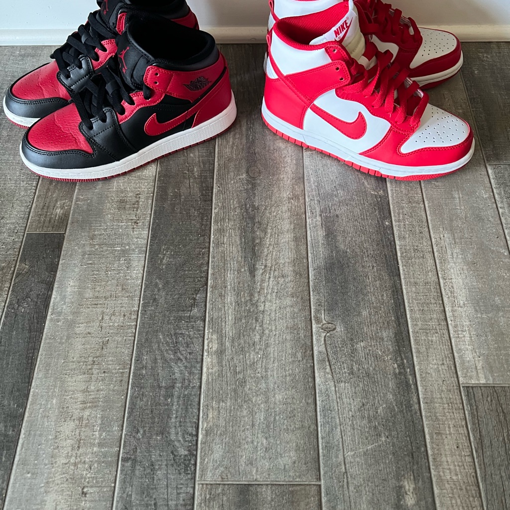 Jordan 1 Mid âBannedâ & Nike Dunk High âChampion Red (Size 4y & Size 3.5y)